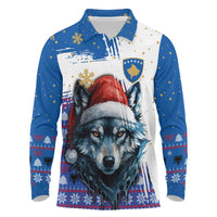 Kosovo Christmas Long Sleeve Polo Shirt with Santa Wolf Snowflakes Blue Pattern and National Emblem - Wonder Print Shop