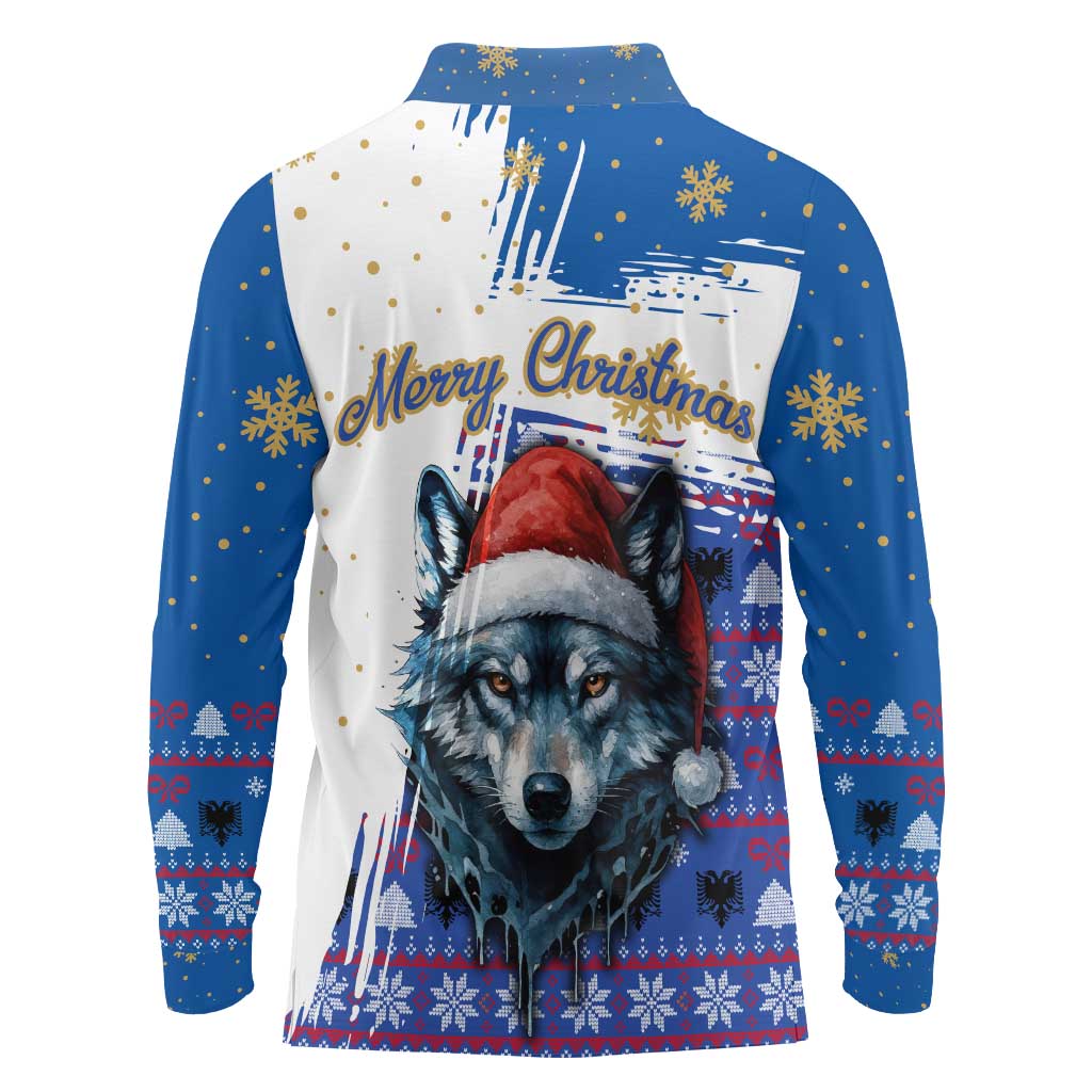 Kosovo Christmas Long Sleeve Polo Shirt with Santa Wolf Snowflakes Blue Pattern and National Emblem - Wonder Print Shop