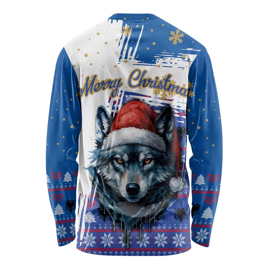 Kosovo Christmas Long Sleeve Shirt with Santa Wolf Snowflakes Blue Pattern and National Emblem - Wonder Print Shop