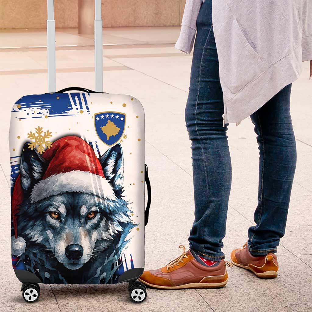 Kosovo Christmas Luggage Cover with Santa Wolf Snowflakes Blue Pattern and National Emblem - Wonder Print Shop