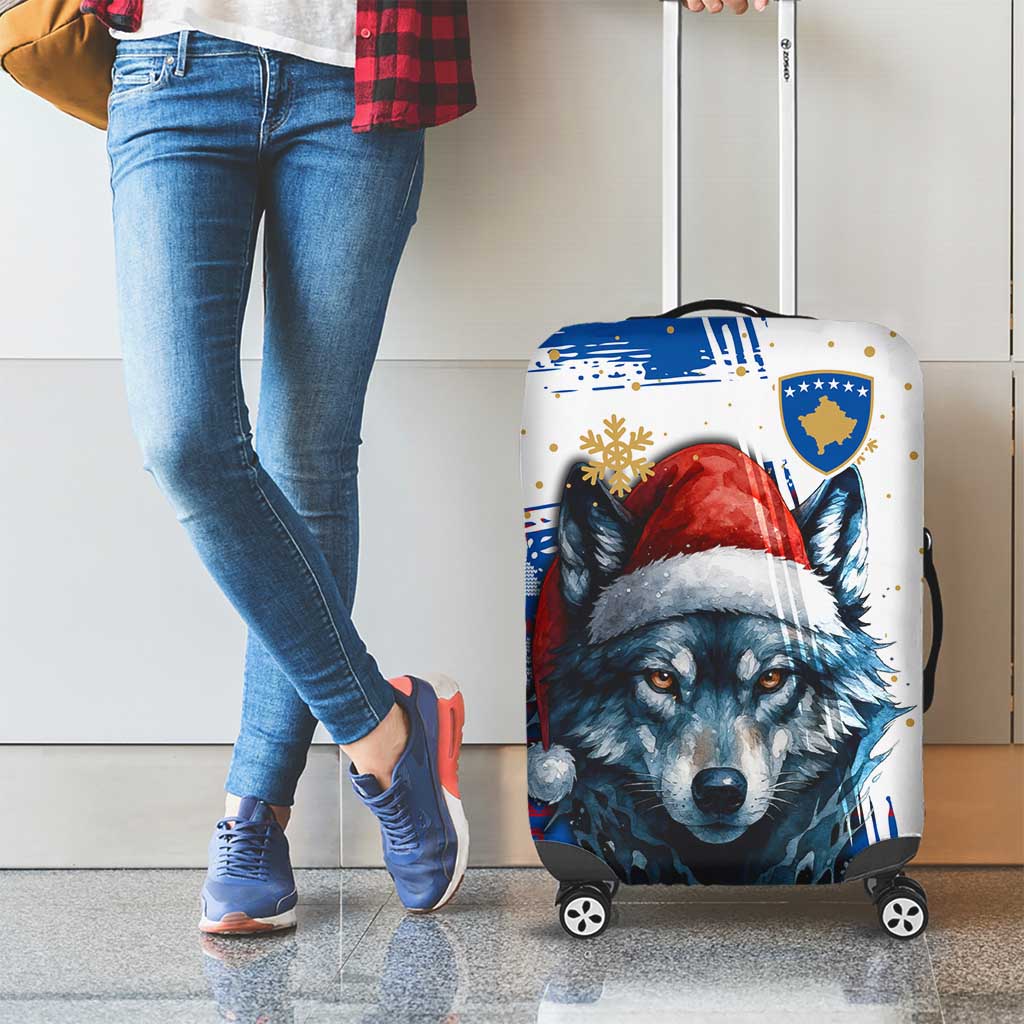 Kosovo Christmas Luggage Cover with Santa Wolf Snowflakes Blue Pattern and National Emblem - Wonder Print Shop
