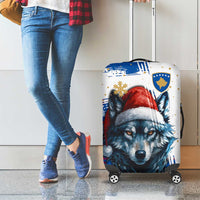 Kosovo Christmas Luggage Cover with Santa Wolf Snowflakes Blue Pattern and National Emblem - Wonder Print Shop