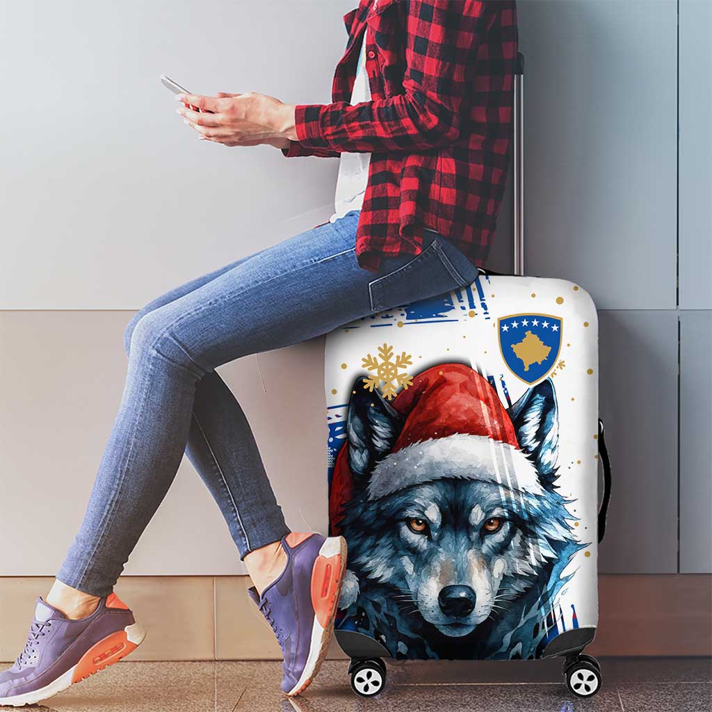 Kosovo Christmas Luggage Cover with Santa Wolf Snowflakes Blue Pattern and National Emblem - Wonder Print Shop
