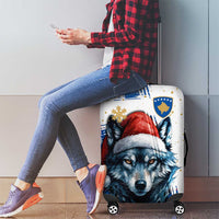 Kosovo Christmas Luggage Cover with Santa Wolf Snowflakes Blue Pattern and National Emblem - Wonder Print Shop