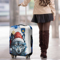 Kosovo Christmas Luggage Cover with Santa Wolf Snowflakes Blue Pattern and National Emblem - Wonder Print Shop