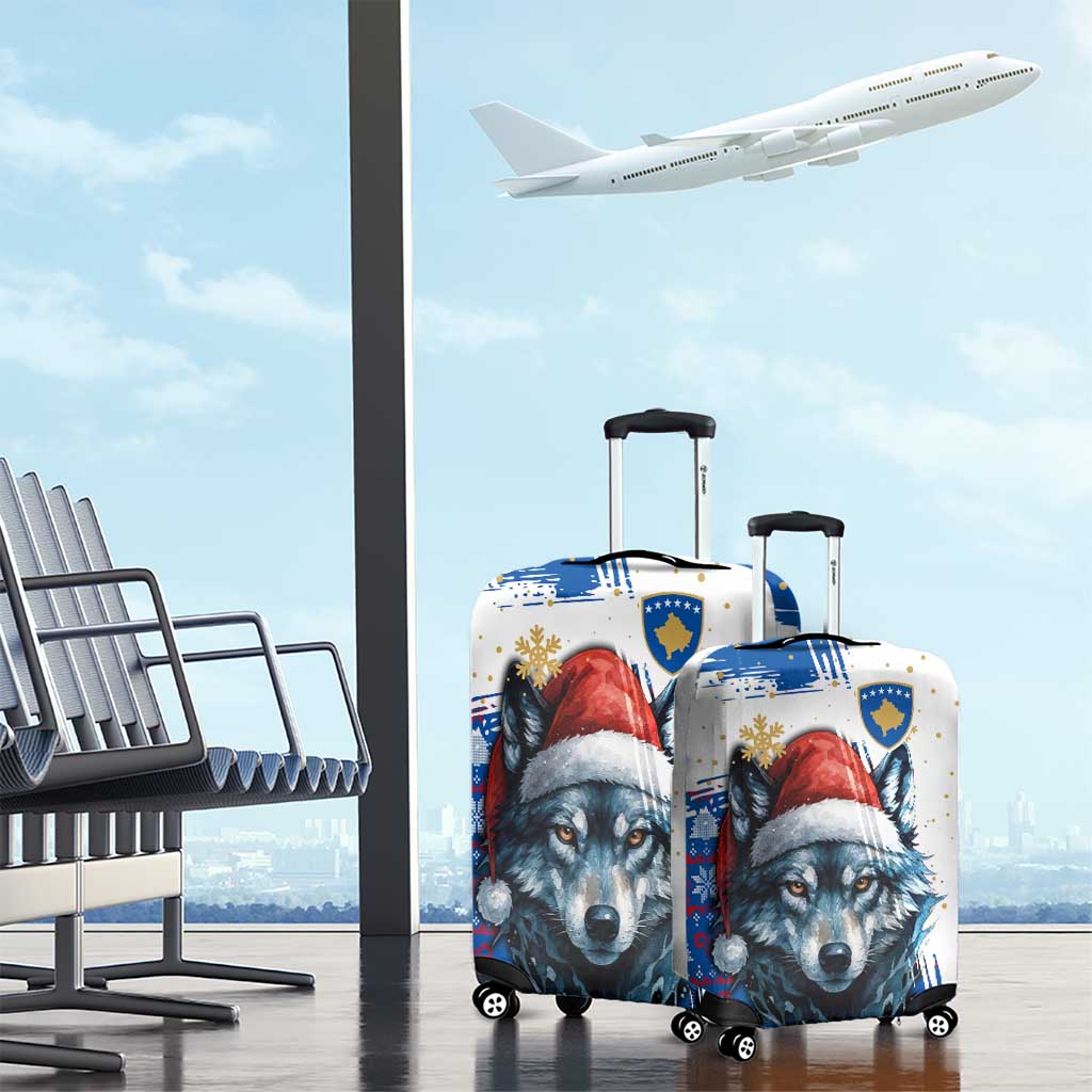 Kosovo Christmas Luggage Cover with Santa Wolf Snowflakes Blue Pattern and National Emblem - Wonder Print Shop