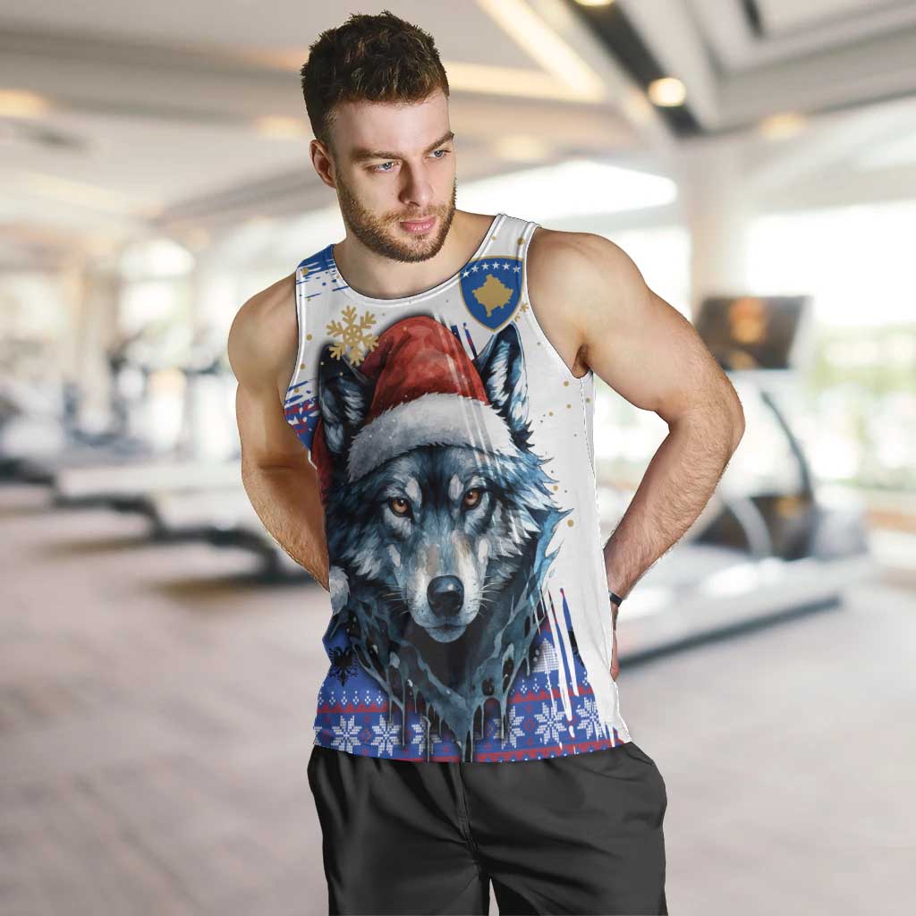 Kosovo Christmas Men Tank Top with Santa Wolf Snowflakes Blue Pattern and National Emblem - Wonder Print Shop