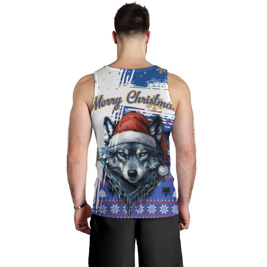 Kosovo Christmas Men Tank Top with Santa Wolf Snowflakes Blue Pattern and National Emblem - Wonder Print Shop