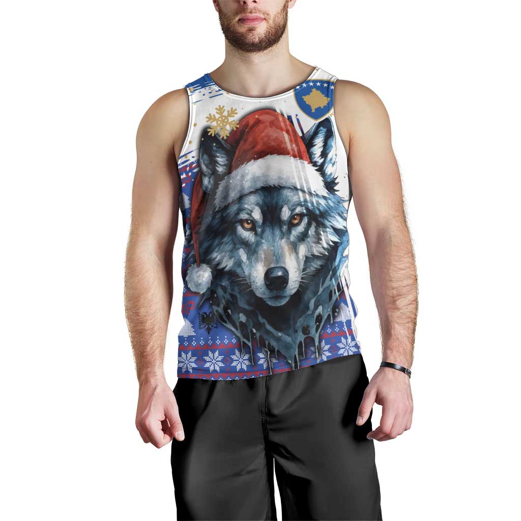 Kosovo Christmas Men Tank Top with Santa Wolf Snowflakes Blue Pattern and National Emblem - Wonder Print Shop