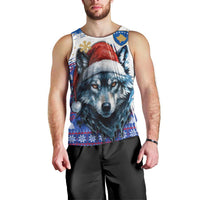 Kosovo Christmas Men Tank Top with Santa Wolf Snowflakes Blue Pattern and National Emblem - Wonder Print Shop