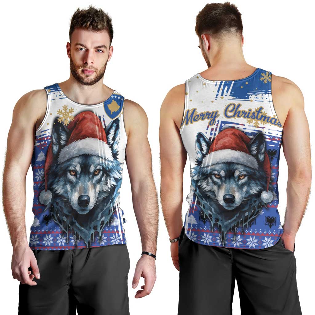 Kosovo Christmas Men Tank Top with Santa Wolf Snowflakes Blue Pattern and National Emblem - Wonder Print Shop