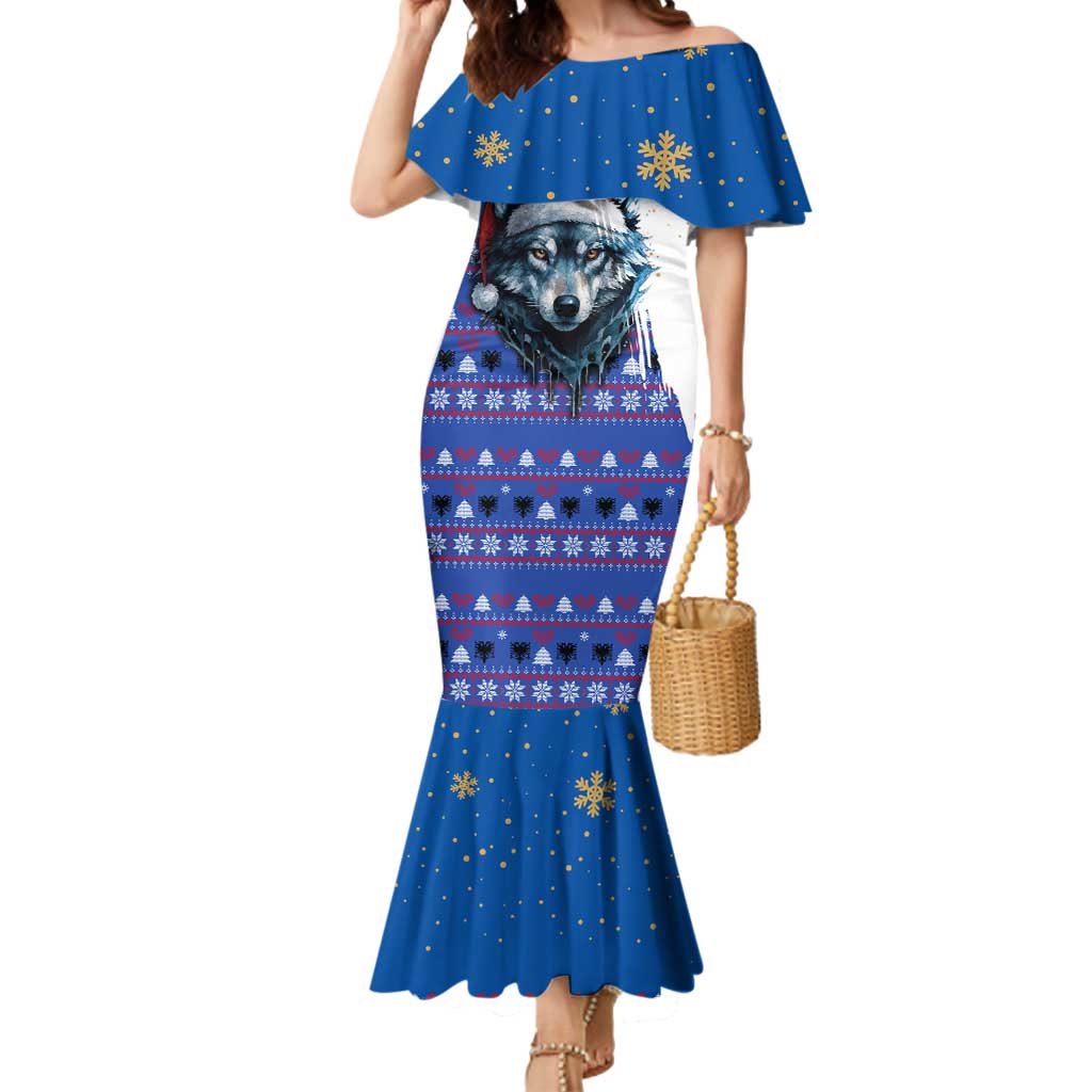 Kosovo Christmas Mermaid Dress with Santa Wolf Snowflakes Blue Pattern and National Emblem - Wonder Print Shop