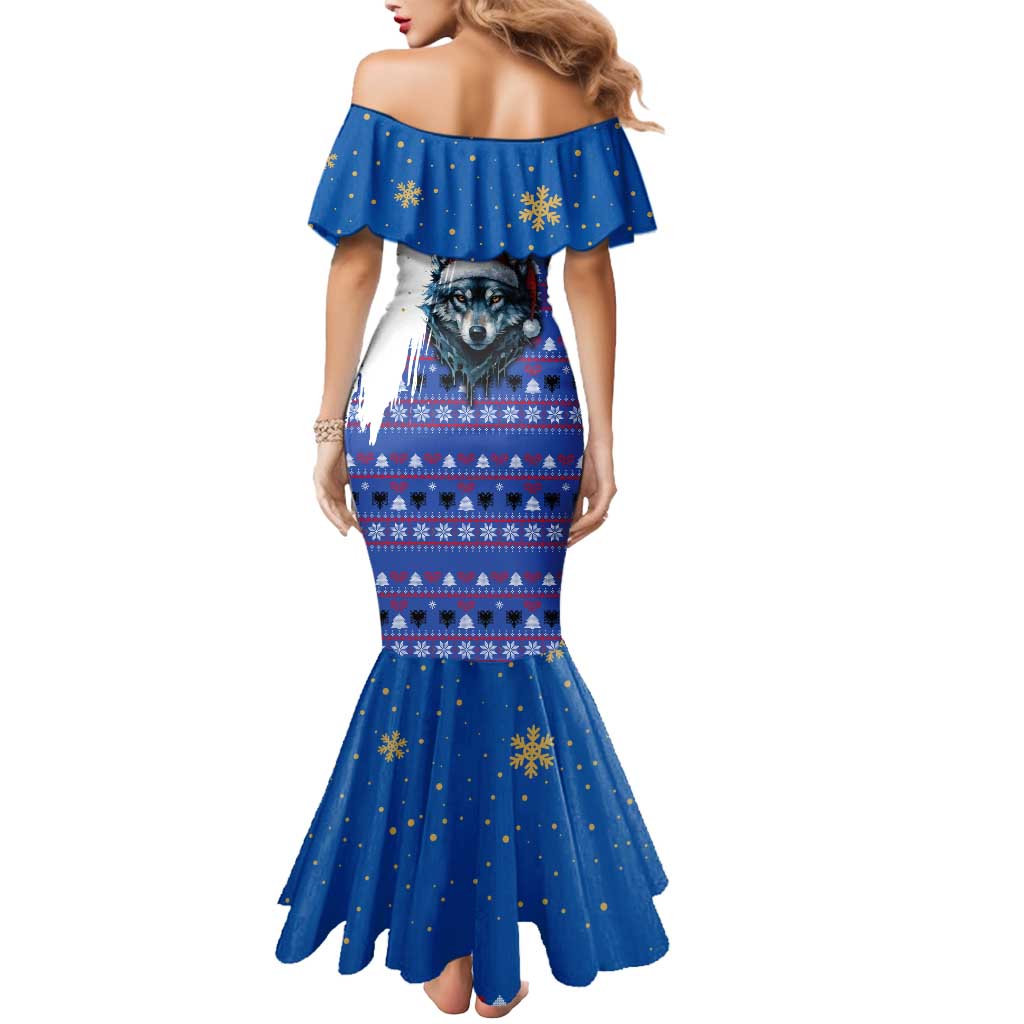 Kosovo Christmas Mermaid Dress with Santa Wolf Snowflakes Blue Pattern and National Emblem - Wonder Print Shop