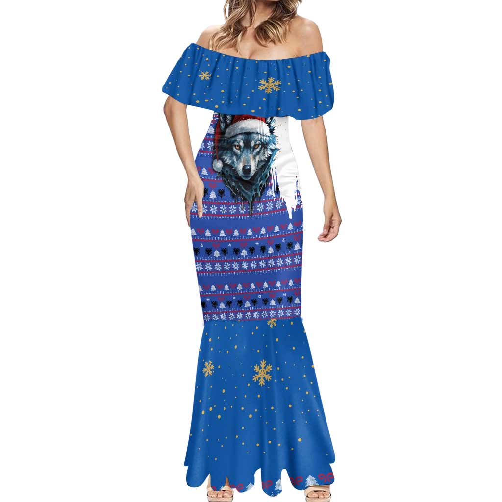 Kosovo Christmas Mermaid Dress with Santa Wolf Snowflakes Blue Pattern and National Emblem - Wonder Print Shop