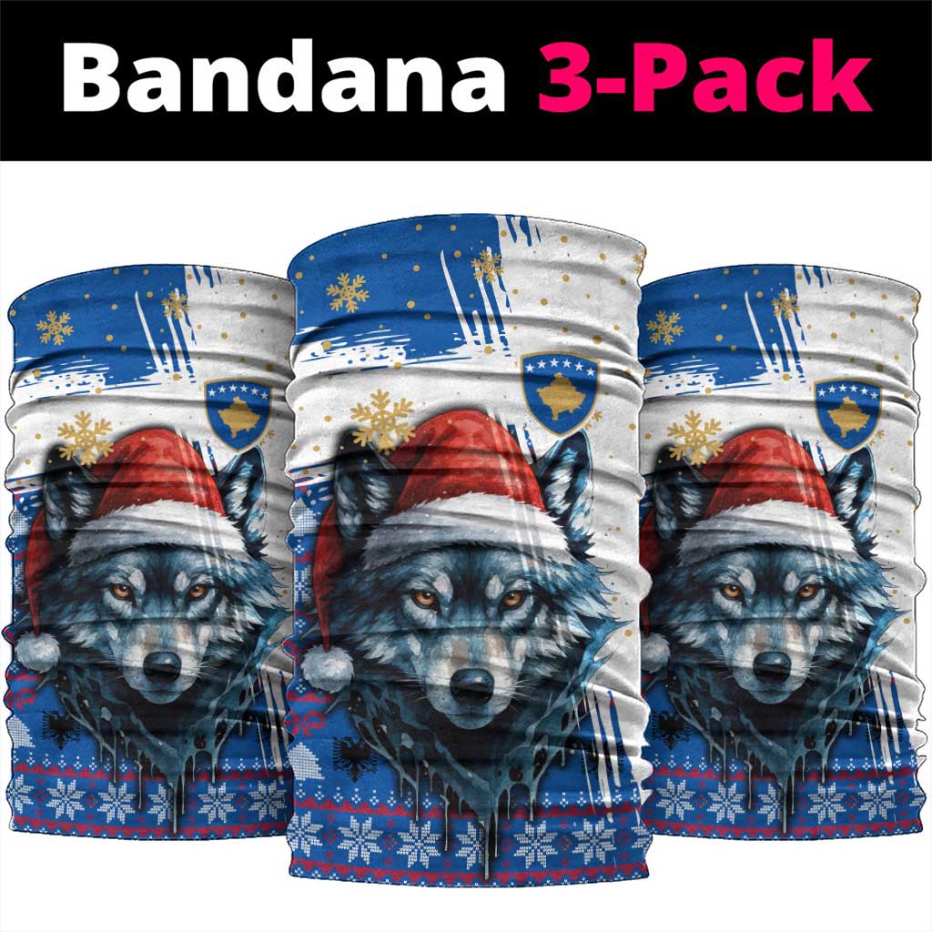 Kosovo Christmas Neck Gaiter with Santa Wolf Snowflakes Blue Pattern and National Emblem - Wonder Print Shop