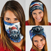 Kosovo Christmas Neck Gaiter with Santa Wolf Snowflakes Blue Pattern and National Emblem - Wonder Print Shop