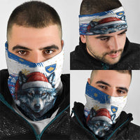 Kosovo Christmas Neck Gaiter with Santa Wolf Snowflakes Blue Pattern and National Emblem - Wonder Print Shop
