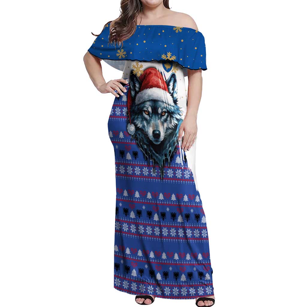 Kosovo Christmas Off Shoulder Maxi Dress with Santa Wolf Snowflakes Blue Pattern and National Emblem - Wonder Print Shop
