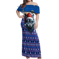 Kosovo Christmas Off Shoulder Maxi Dress with Santa Wolf Snowflakes Blue Pattern and National Emblem - Wonder Print Shop