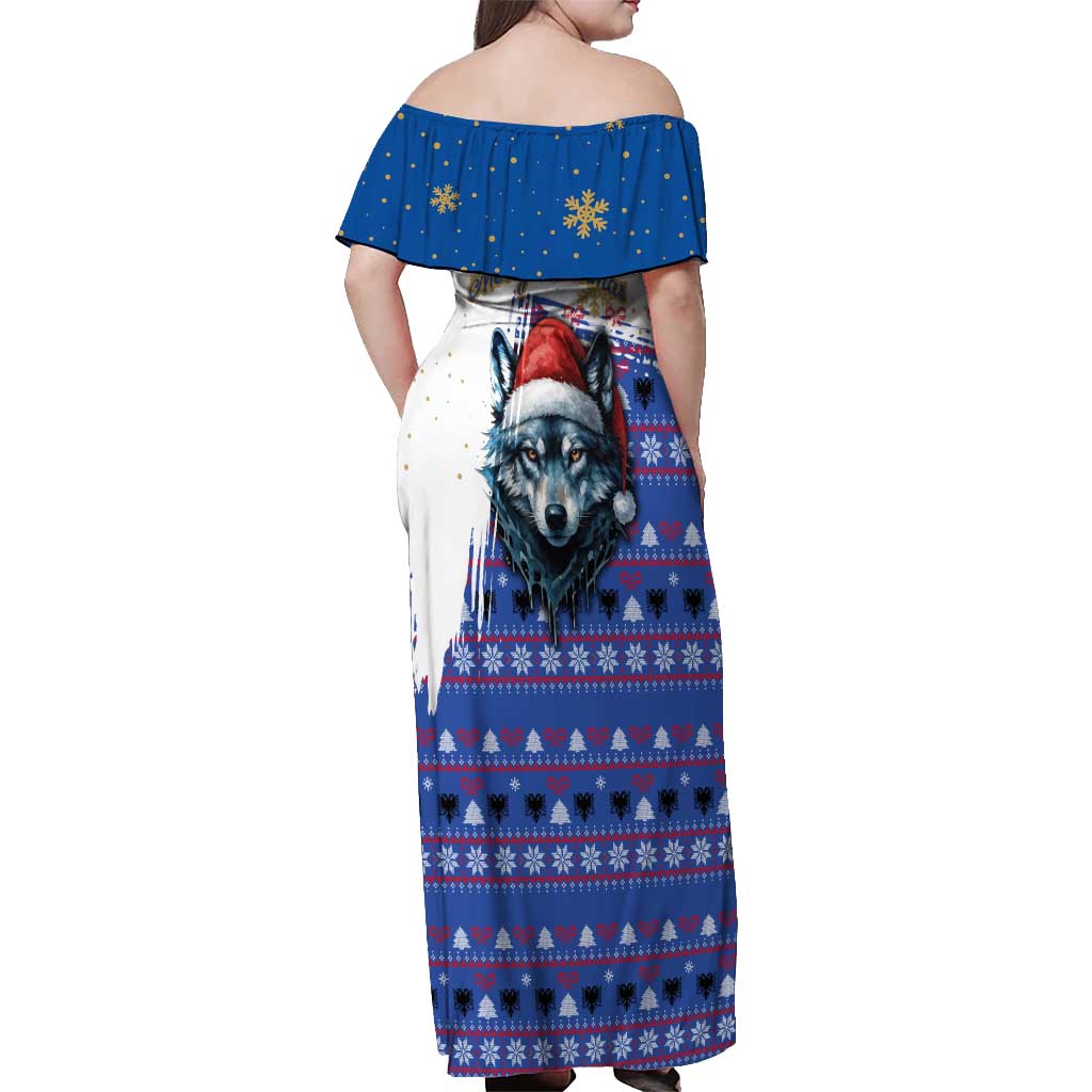 Kosovo Christmas Off Shoulder Maxi Dress with Santa Wolf Snowflakes Blue Pattern and National Emblem - Wonder Print Shop