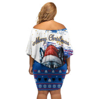 Kosovo Christmas Off Shoulder Short Dress with Santa Wolf Snowflakes Blue Pattern and National Emblem - Wonder Print Shop