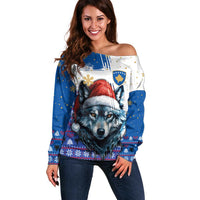 Kosovo Christmas Off Shoulder Sweater with Santa Wolf Snowflakes Blue Pattern and National Emblem - Wonder Print Shop