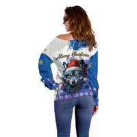 Kosovo Christmas Off Shoulder Sweater with Santa Wolf Snowflakes Blue Pattern and National Emblem - Wonder Print Shop