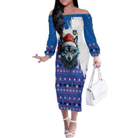 Kosovo Christmas Off The Shoulder Long Sleeve Dress with Santa Wolf Snowflakes Blue Pattern and National Emblem - Wonder Print Shop