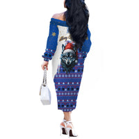 Kosovo Christmas Off The Shoulder Long Sleeve Dress with Santa Wolf Snowflakes Blue Pattern and National Emblem - Wonder Print Shop