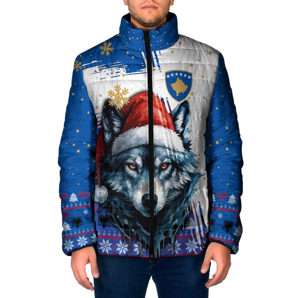 Kosovo Christmas Padded Jacket with Santa Wolf Snowflakes Blue Pattern and National Emblem - Wonder Print Shop