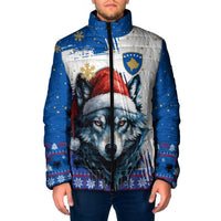 Kosovo Christmas Padded Jacket with Santa Wolf Snowflakes Blue Pattern and National Emblem - Wonder Print Shop