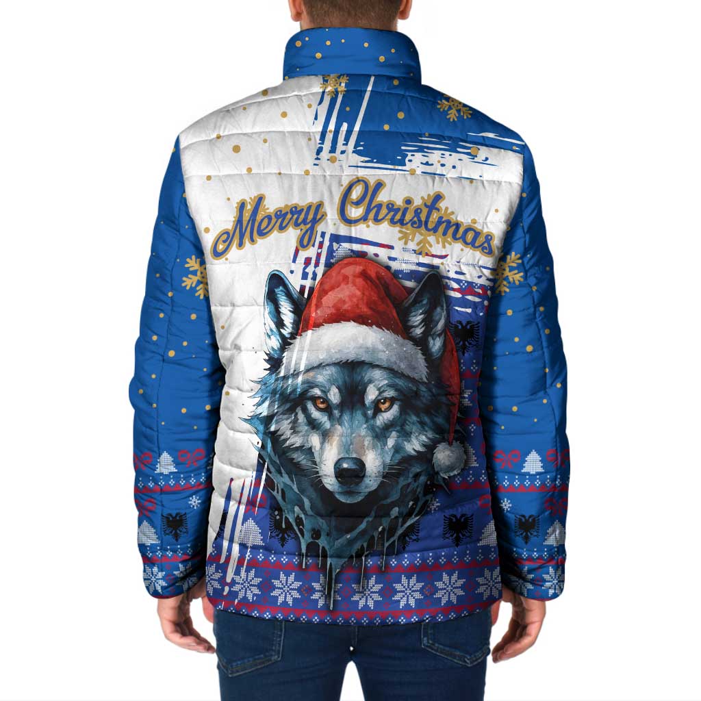Kosovo Christmas Padded Jacket with Santa Wolf Snowflakes Blue Pattern and National Emblem - Wonder Print Shop