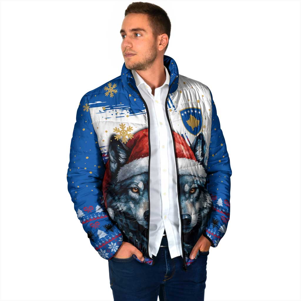 Kosovo Christmas Padded Jacket with Santa Wolf Snowflakes Blue Pattern and National Emblem - Wonder Print Shop