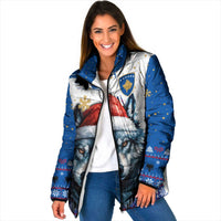 Kosovo Christmas Padded Jacket with Santa Wolf Snowflakes Blue Pattern and National Emblem - Wonder Print Shop