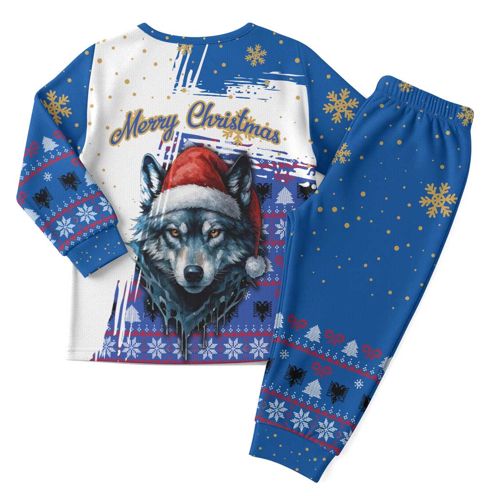 Kosovo Christmas Pajama Set with Santa Wolf Snowflakes Blue Pattern and National Emblem - Wonder Print Shop