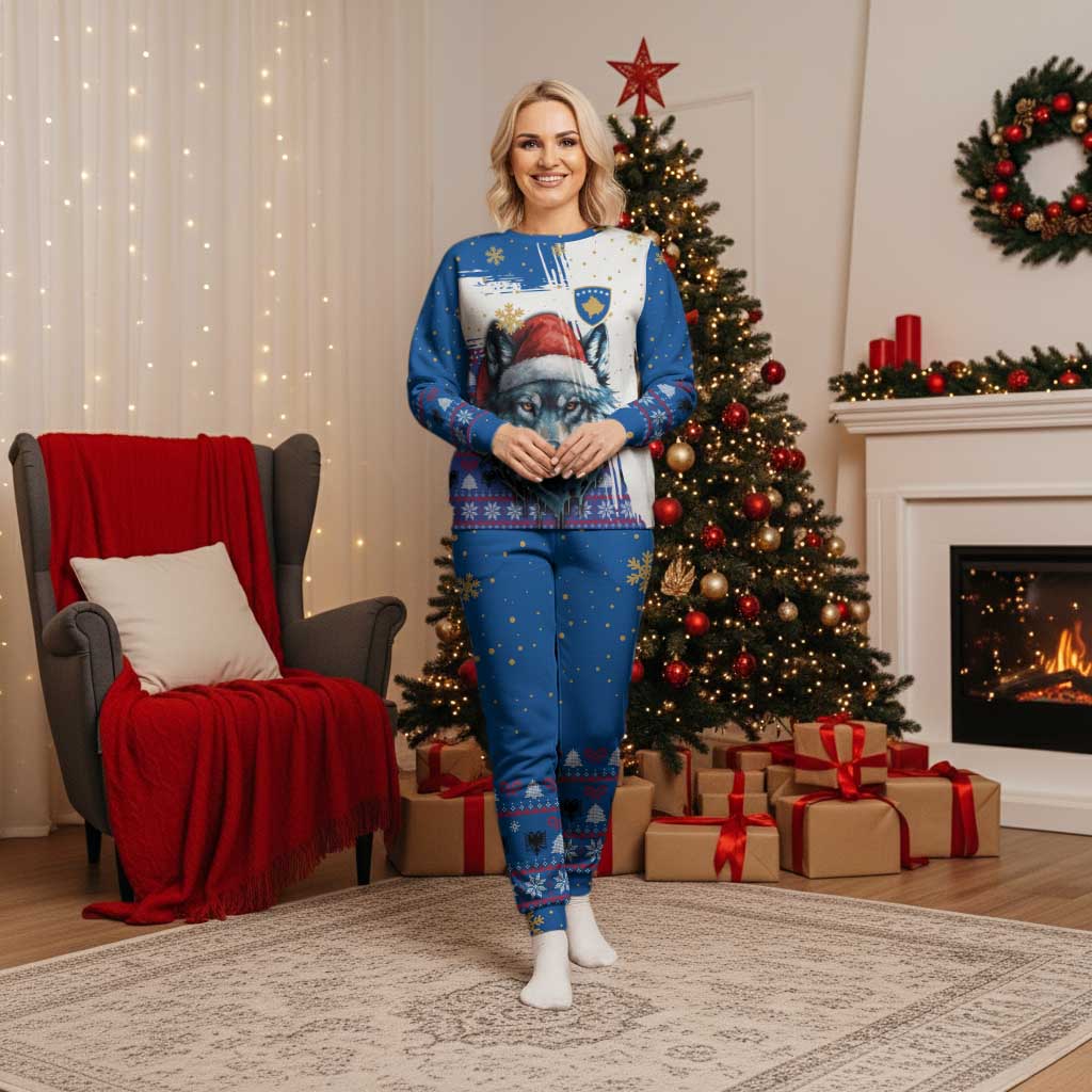 Kosovo Christmas Pajama Set with Santa Wolf Snowflakes Blue Pattern and National Emblem - Wonder Print Shop