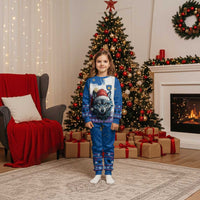 Kosovo Christmas Pajama Set with Santa Wolf Snowflakes Blue Pattern and National Emblem - Wonder Print Shop