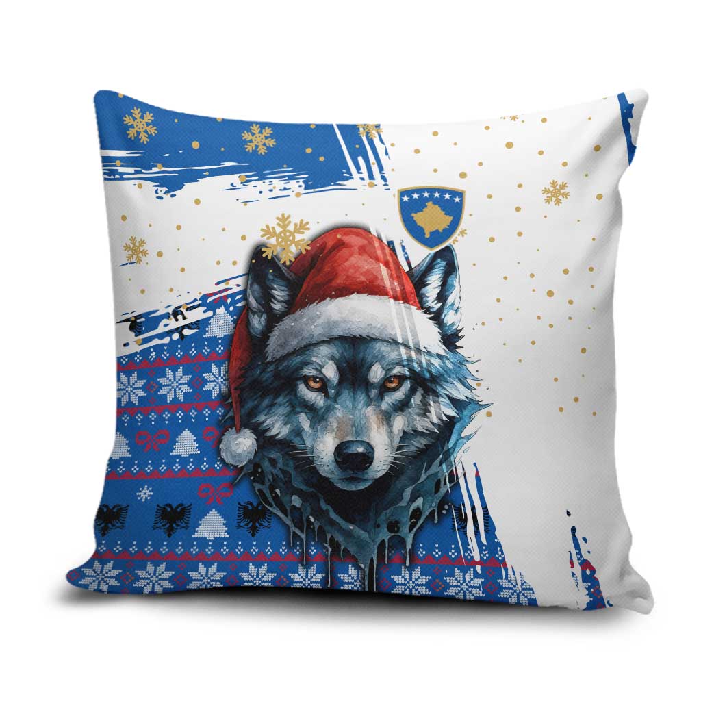 Kosovo Christmas Pillow Cover with Santa Wolf Snowflakes Blue Pattern and National Emblem - Wonder Print Shop