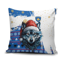 Kosovo Christmas Pillow Cover with Santa Wolf Snowflakes Blue Pattern and National Emblem - Wonder Print Shop