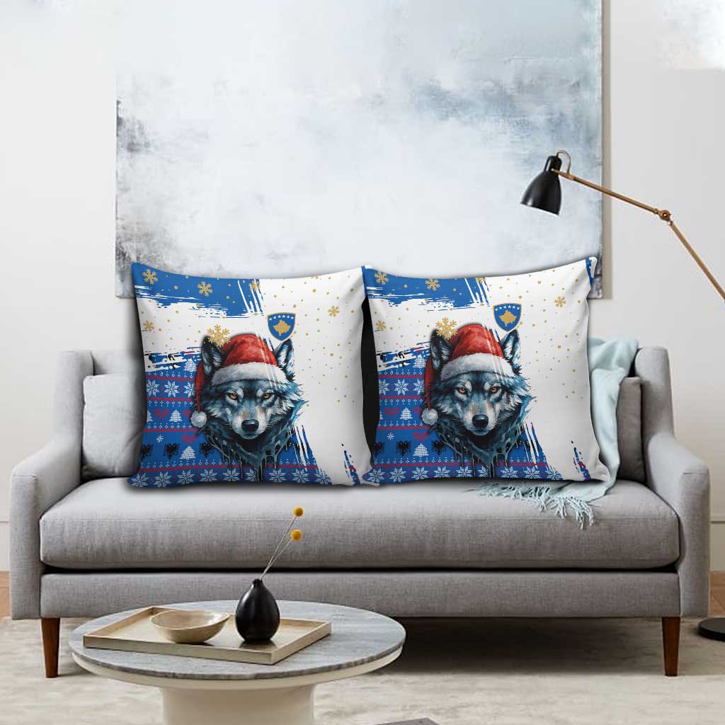 Kosovo Christmas Pillow Cover with Santa Wolf Snowflakes Blue Pattern and National Emblem - Wonder Print Shop