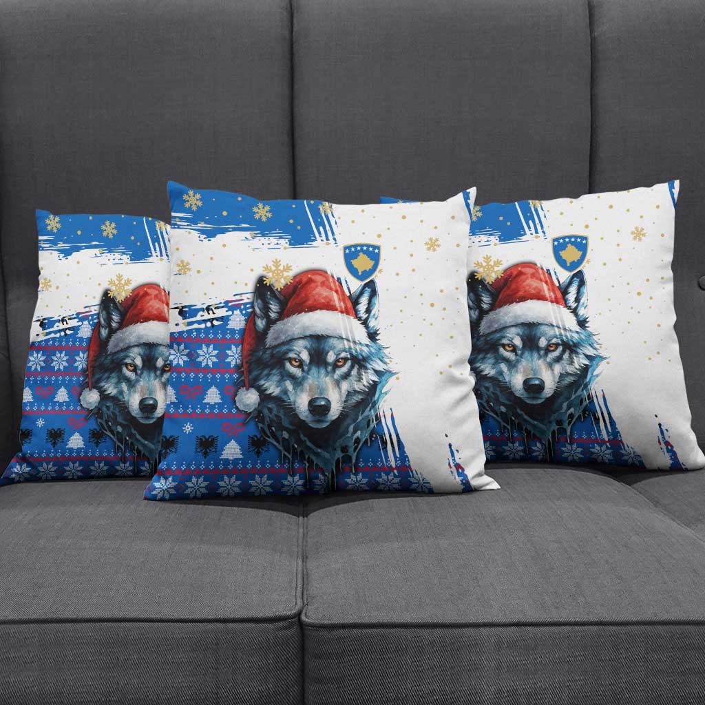 Kosovo Christmas Pillow Cover with Santa Wolf Snowflakes Blue Pattern and National Emblem - Wonder Print Shop