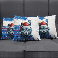 Kosovo Christmas Pillow Cover with Santa Wolf Snowflakes Blue Pattern and National Emblem - Wonder Print Shop