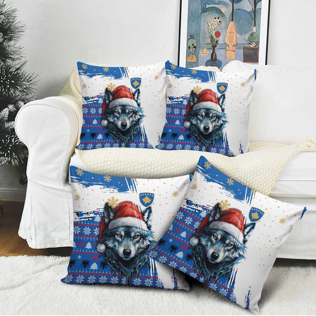 Kosovo Christmas Pillow Cover with Santa Wolf Snowflakes Blue Pattern and National Emblem - Wonder Print Shop