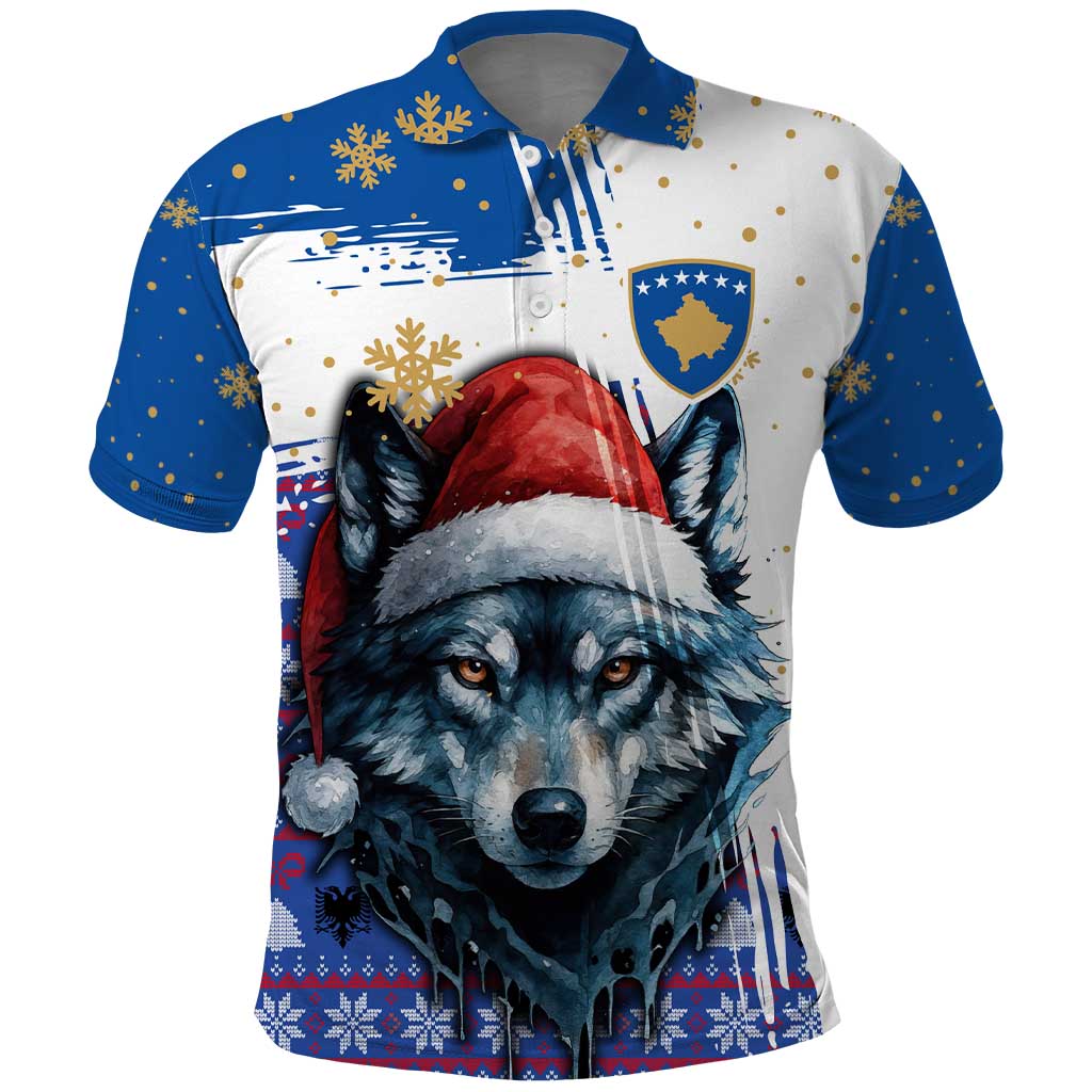 Kosovo Christmas Polo Shirt with Santa Wolf Snowflakes Blue Pattern and National Emblem - Wonder Print Shop