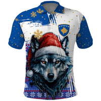 Kosovo Christmas Polo Shirt with Santa Wolf Snowflakes Blue Pattern and National Emblem - Wonder Print Shop