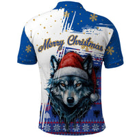 Kosovo Christmas Polo Shirt with Santa Wolf Snowflakes Blue Pattern and National Emblem - Wonder Print Shop