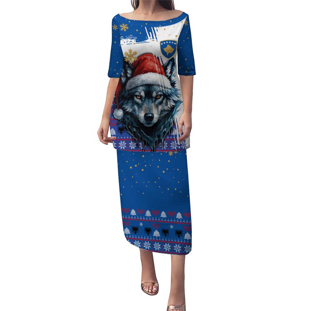 Kosovo Christmas Puletasi with Santa Wolf Snowflakes Blue Pattern and National Emblem - Wonder Print Shop