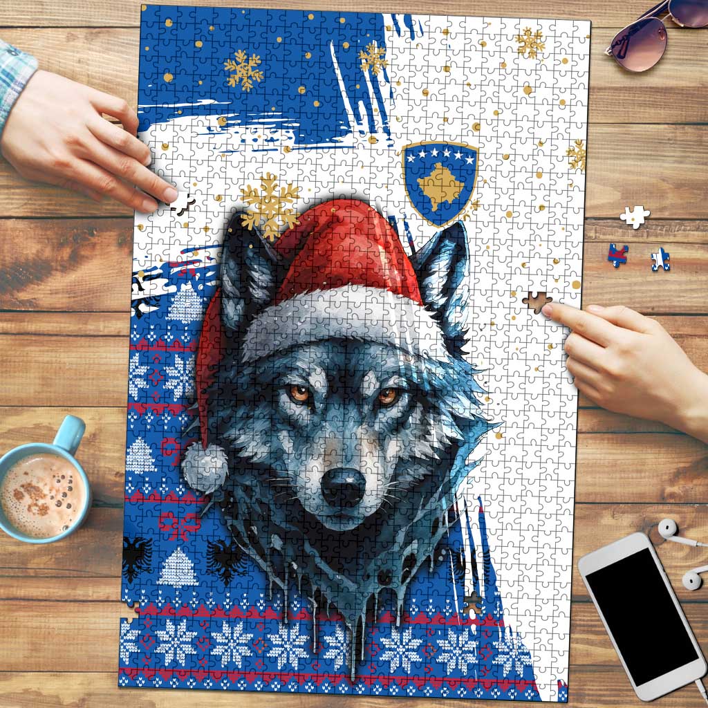 Kosovo Christmas Puzzle with Santa Wolf Snowflakes Blue Pattern and National Emblem - Wonder Print Shop