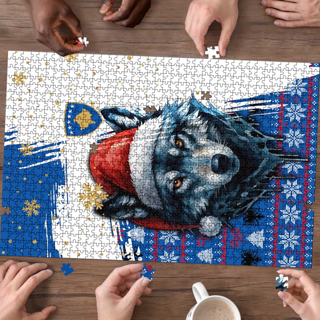Kosovo Christmas Puzzle with Santa Wolf Snowflakes Blue Pattern and National Emblem - Wonder Print Shop