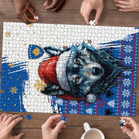 Kosovo Christmas Puzzle with Santa Wolf Snowflakes Blue Pattern and National Emblem - Wonder Print Shop